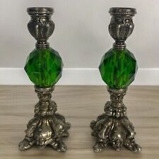 Vintage Hollywood Regency Candle Holders Brass Metal Green Lucite Candlesticks picture