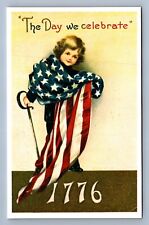 Postcard Vtg Reproduction Patriotic The Day We Celebrate Child Wrapped In Flag picture