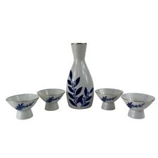 Vintage Gekkeikan 5-piece Sake Set- Made In Japan White/Blue Porcelain picture