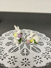 Ceramic White Easter Bunnies Rabbits Holding Flowers Salt & Pepper Shaker Set picture
