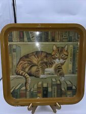 Lowell Herrero Tabby Cat in Bookshelf Tin Tray Vandor 1983 13-3/4” X 13-3/4” picture