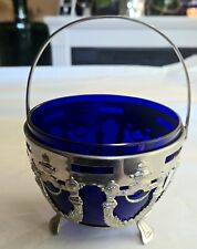 Antique Silver Cobalt Blue Glass Sugar Candy Dish Basket Bowl picture