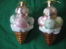 Two Kurt Adler Christmas Ice Cream Cone Ornaments w/ Waffle Cones Blown Glass picture