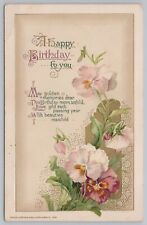 Greetings~Pink & Purple Pansies~Calligraphy~Gold Leaf~Vintage Postcard picture