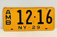 1929 New York License Plate AMBULANCE 12-16 ALPCA Garage Decor Black Yellow picture