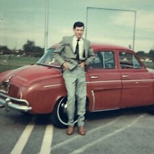 (AeD) FOUND PHOTO Photograph Snapshot Man Posing With Cool 1960's Red Car picture