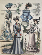 Paris Fashion Vintage 1901 Lithograph -Victorian Dress Hats & Gowns picture