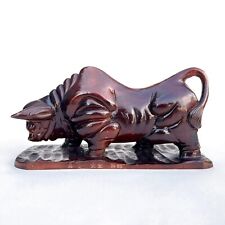 Vintage 1976 Missing Letters Engraved Hand Carve Wooden Fight Bull Statue Japan picture