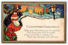1929 Christmas Greetings Poinsettia Flowers Santa Girl Boy Snowfall Postcard picture