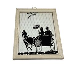 VTG 1950s MCM Black Silhouette Horse Buggy Woman Umbrella Carriage Framed Wall   picture
