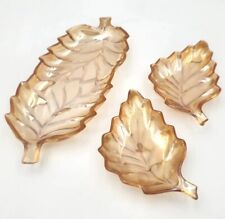 Vintage Jeanette Glass Leaf Shaped-Dishes Marigold Carnival Iridescent Set Of 3 picture