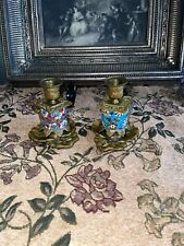 Antique French Gilt Bronze Longwy Pottery Art Nouveau Chamberstick Candle Holder picture