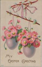 Easter Greeting Flower Pots Pussy Willow Branch c1910 embossed postcard G710 picture