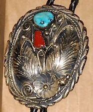 Large Richard &Rita Begay Navajo sterling& turquoise/coral floral motif bolo tie picture
