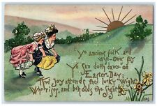 c1910's Easter Girls Running Mountain Flowers HBG Embossed Antique Postcard picture