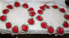 Two Vintage Hand Crocheted Large Cotton Doilies Red Roses White Green picture