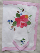 Vintage 50s Floral  Appliqué Embroidery Pink Border 6 Placemats & 6 Napkins NOS picture