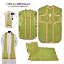 Olive Green Roman Eucharist Chasuble Fiddleback Vestment 5pcs mass set, Casulla picture