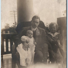 c1910s Adorable RPPC Father & Children on House Porch Mansion Ionic Columns A214 picture