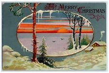 1911 Christmas Sunset Birds Winter Snow House And Trees Antique Gel Postcard picture