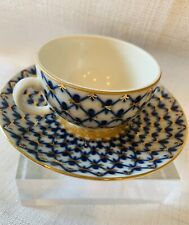 Vtg. Lomonosov Fine Porcelain Miniature Teacup Saucer Cobalt Blue Net Russia picture