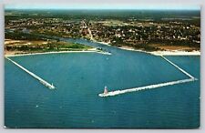 Manistique Michigan~Air View Harbor In Upper Peninsula~Vintage Postcard picture