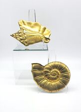 Pair Mid-Century Solid Brass Nautilus and Conch Sea Shell Wall Plaques Korea picture