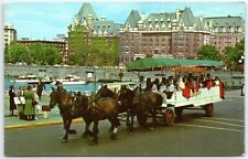 Vintage Postcard: Tally-Ho- Victoria BC. Horse drawn wagon of tourist, boats picture