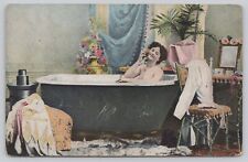 Postcard Victorian Era Woman in Bathtub in Elegant Bathroom picture