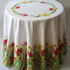 Vintage Vera Ladybug Tablecloth Round Yellow Daffodil w Red Floral 68