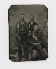 1870's-1880's TINTYPE THREE MEN WEAR SILK GRANGE RIBBONS 3 9/16