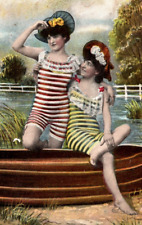 TWO AFFECTIONATE PRETTY YOUNG WOMAN : BATHING SUITS : RPPC : 1909 picture