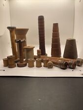 Lot of 17 Antique Vintage Wooden Bobbins Spools, Wooden Boye Needle Container picture