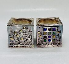 Rare Karshi 925 Sterling Silver Candle Holder Jerusalem City Rainbow Jewels 21 picture