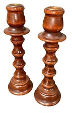 VTG Wooden Spindles Candlesticks Brass Cup Holders Primitive Cottage-Core Rustic picture