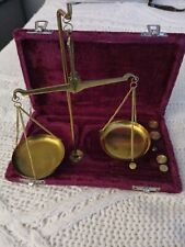 Antique Brass Jewelry Balance Scale with Velvet Box & Complete Weight Set picture