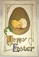 Vintage Happy Easter Postcard Deco Golden Egg Chick USA picture