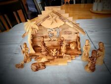 NICE Vtg 13pc Bethlehem Nativity Set Hand Carved Olive Wood Wind-up Music Box picture
