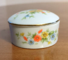 Vintage Retro Small Porcelain Trinket Box Lid Flowers Gold Trim Orange Blue picture
