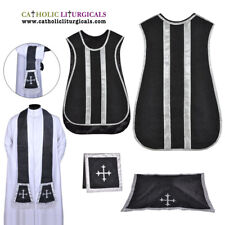 BLACK Spanish Fiddleback Vestment & mass set of 5 piece, chasuble, casulla New picture
