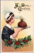 1910s MERRY CHRISTMAS Embossed Postcard Girl w/ Xmas Pudding / Artist BRUNDAGE picture