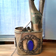 Antique-Vtg Asian Chinese Brass Etched Water Smoking Pipe Blue Jewels Both Sides picture
