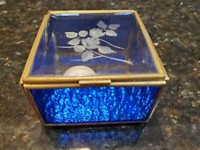 Stained Glass Cobalt Blue Trinket Box Etched Rose Lid Brass Accents & Mirror picture