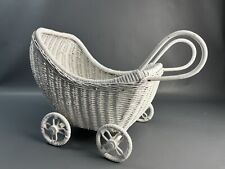 Vintage White Wicker Rattan Baby Doll Stroller Carriage Pram Moving Wheels Large picture