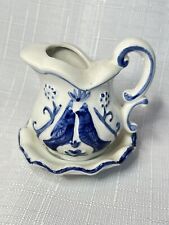 VTG Enesco Posy Vase Hand Painted Ceramic Pitcher & Bowl 3” Blue Birds Has Tag picture