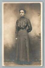 Woman in Black Dress & Corset RPPC Antique Studio Photo Postcard 1910s picture