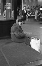 Orig 1966 Film NEGATIVE Sidewalk Scene w Bag Lady Sitting Near Shoe Store Boston picture