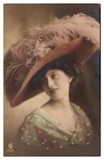 1910 Hand Tinted RPPC Featuring a Pretty Lady with Pink Feathered Hat - Belgium picture