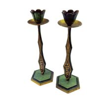 Israel Brass Candle Holders Vintage Judaica Pair Green Black picture