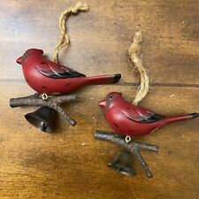 Cardinal Christmas Ornament on Branch with Bell 4” Hanging Red Birds Lot of 2 R3 picture